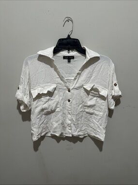 Moa Moa White Cropped Button-Down Pocket Shirt